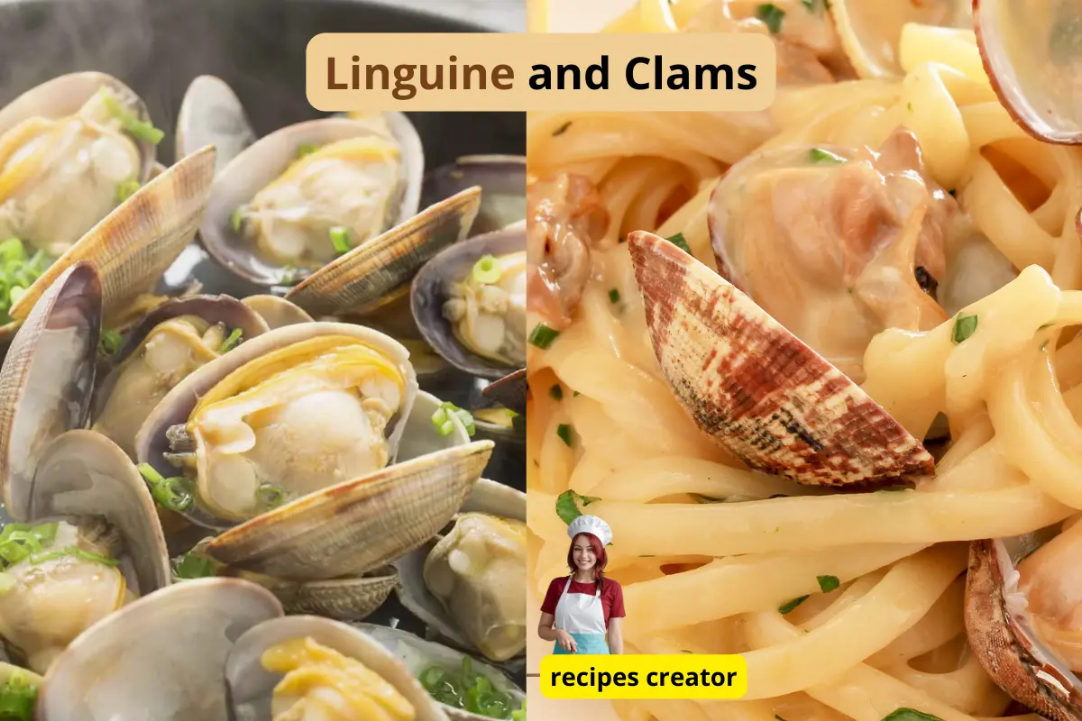 A plate of linguine pasta topped with fresh clams in a savory sauce