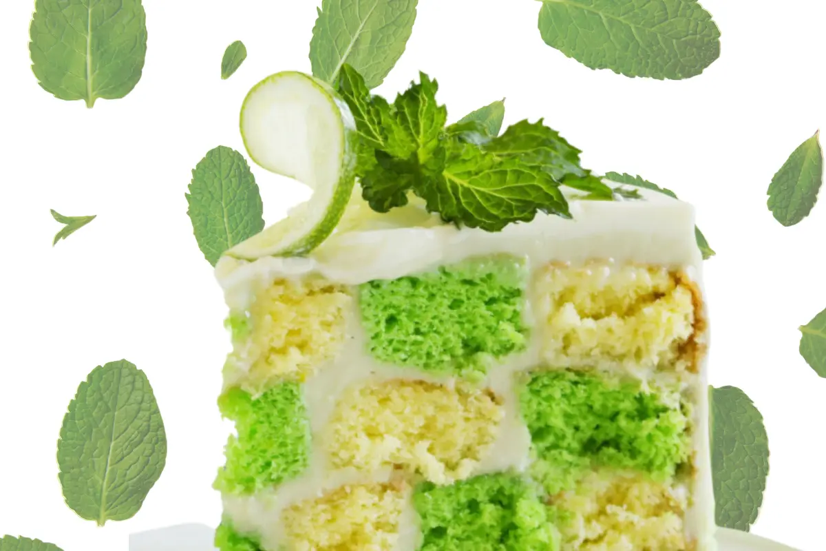 Mint chocolate chip ice cream cake topped with fresh mint leaves on a white plate.