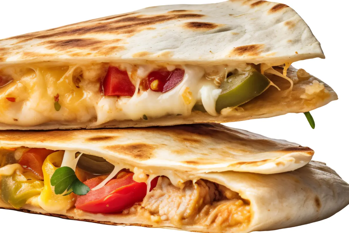 Steak Quesadilla: A golden-brown tortilla filled with seasoned steak, melted cheese, diced tomatoes, and cilantro