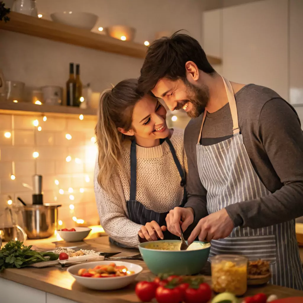 Couple cooking together in the kitchen, preparing a meal with love and care.