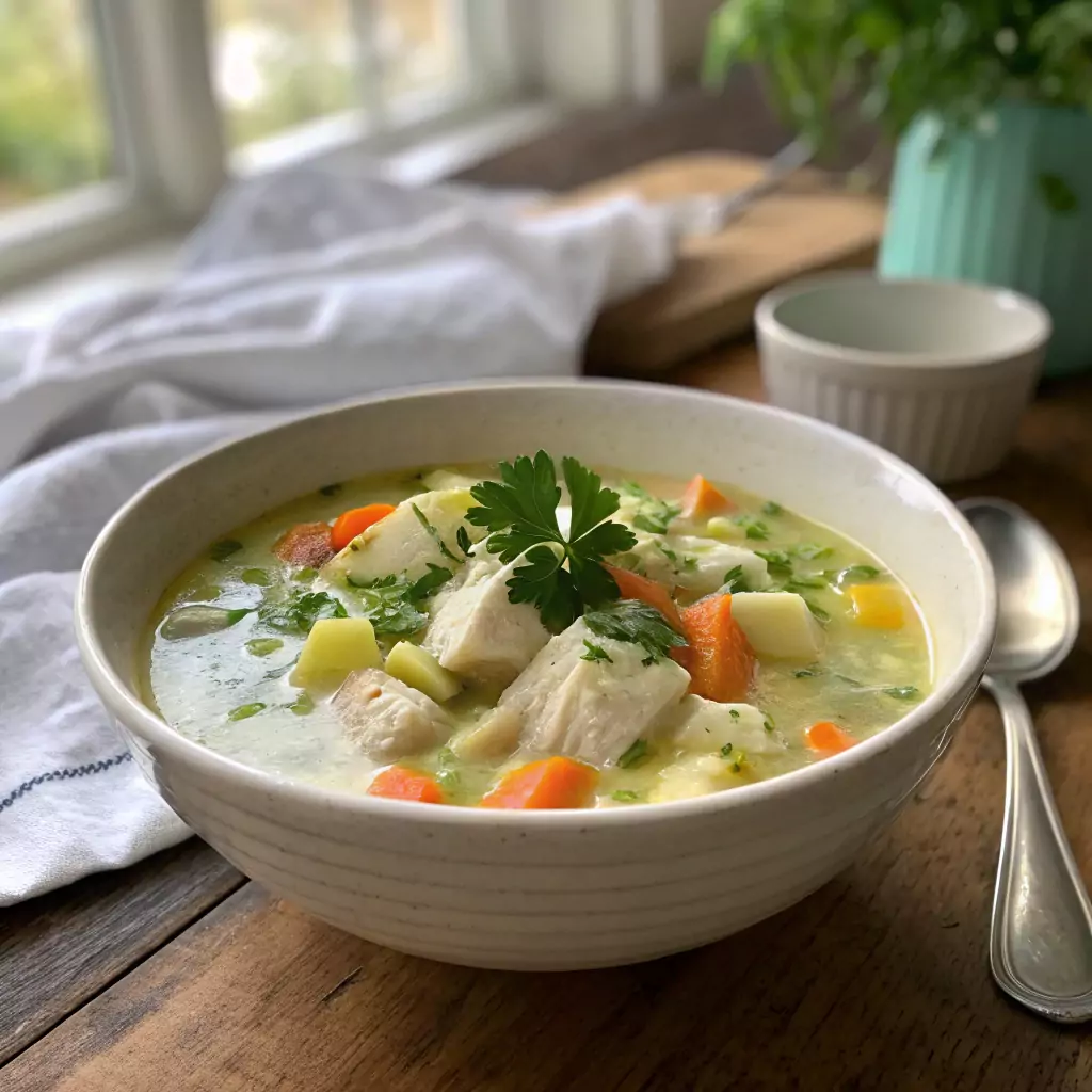 A comforting bowl of acid reflux-friendly fish chowder, featuring tender white fish, potatoes, carrots, and celery in a creamy, light broth, garnished with parsley.