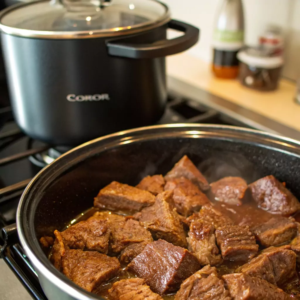 Ground beef being browned in a skillet before adding to the Crock Pot for slow cooking.