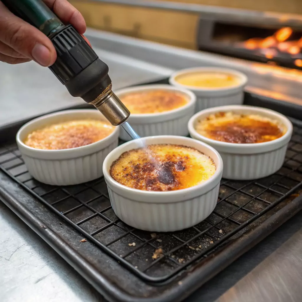 Golden caramelized sugar crust being brûléed on top of crab brûlées with a kitchen torch, creating a crispy, sweet layer on a creamy crab custard