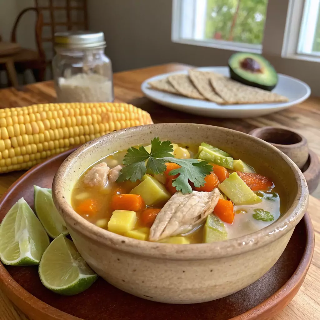 A steaming bowl of traditional Caldo de Pollo (Mexican Chicken Soup) with chicken, carrots, zucchini, potatoes, corn, cilantro, lime, and tortillas on a wooden table.