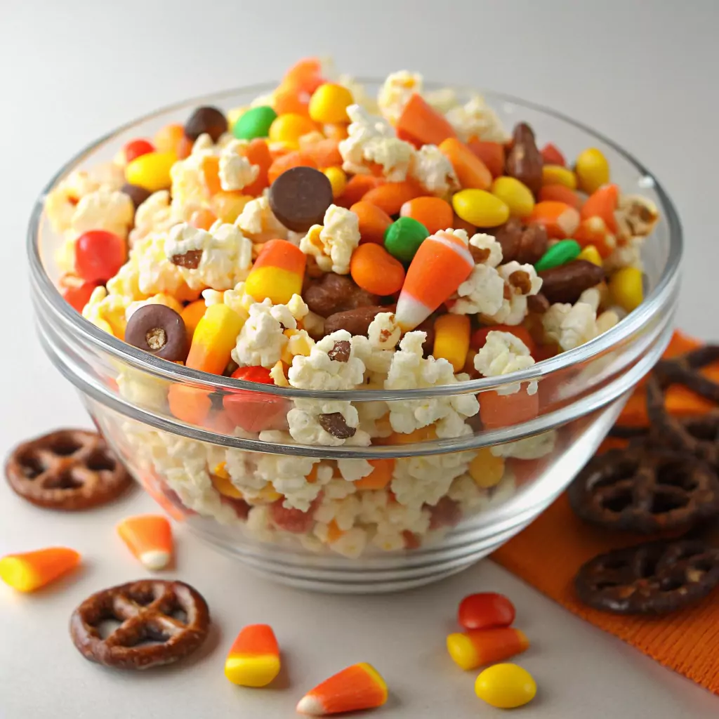 A clear bowl filled with candy corn popcorn mix, featuring popcorn, colorful candy corn, chocolate chips, and pretzels.