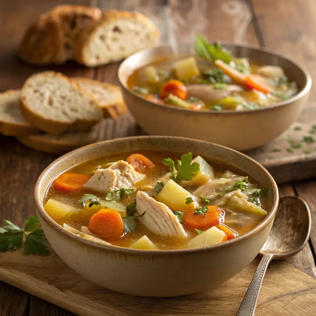 Warm chicken soup and hearty chicken stew served in rustic bowls with vegetables, herbs, and crusty bread on the side.