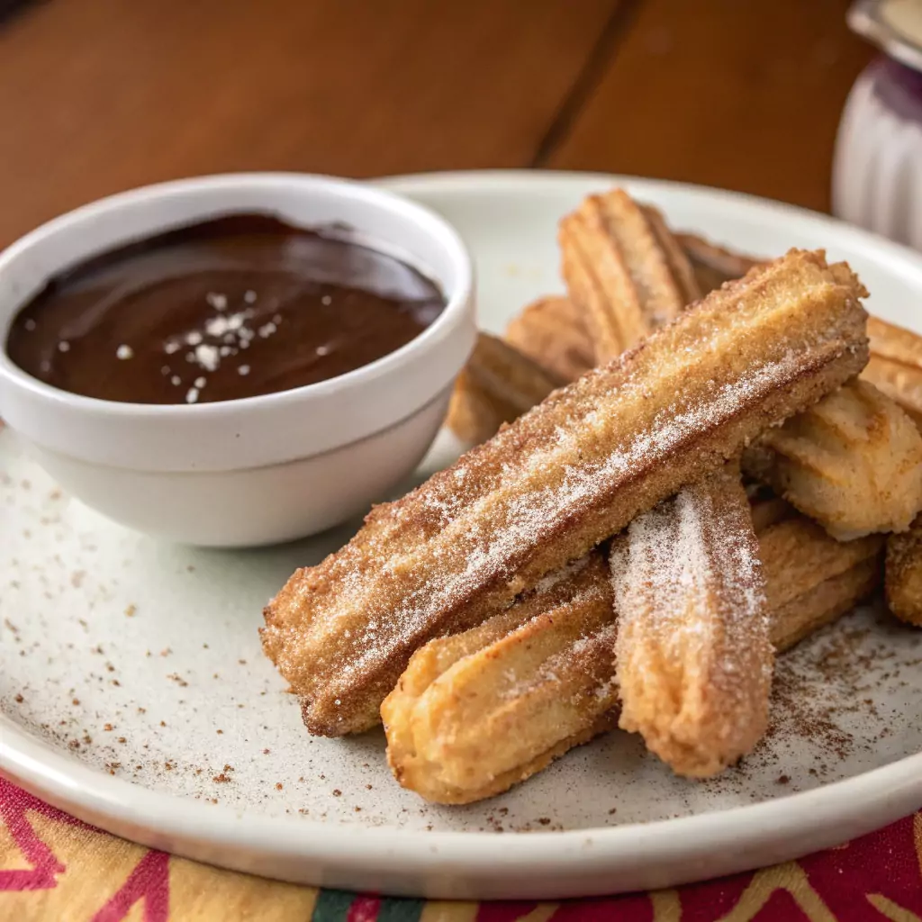 Churros coated in cinnamon-sugar with chocolate dipping sauce.