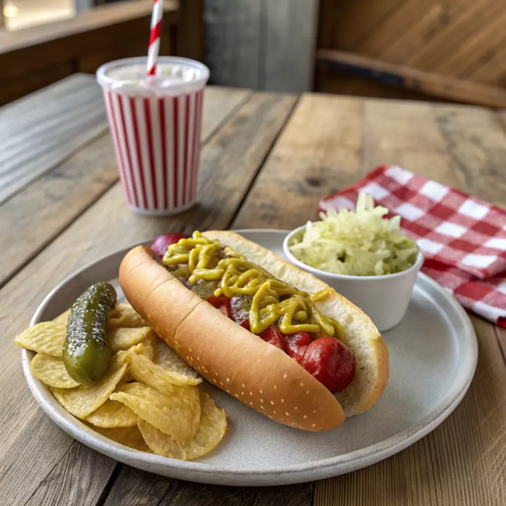 Costco hot dog with ketchup, mustard, relish, and onions, displaying the additional calories for each topping.