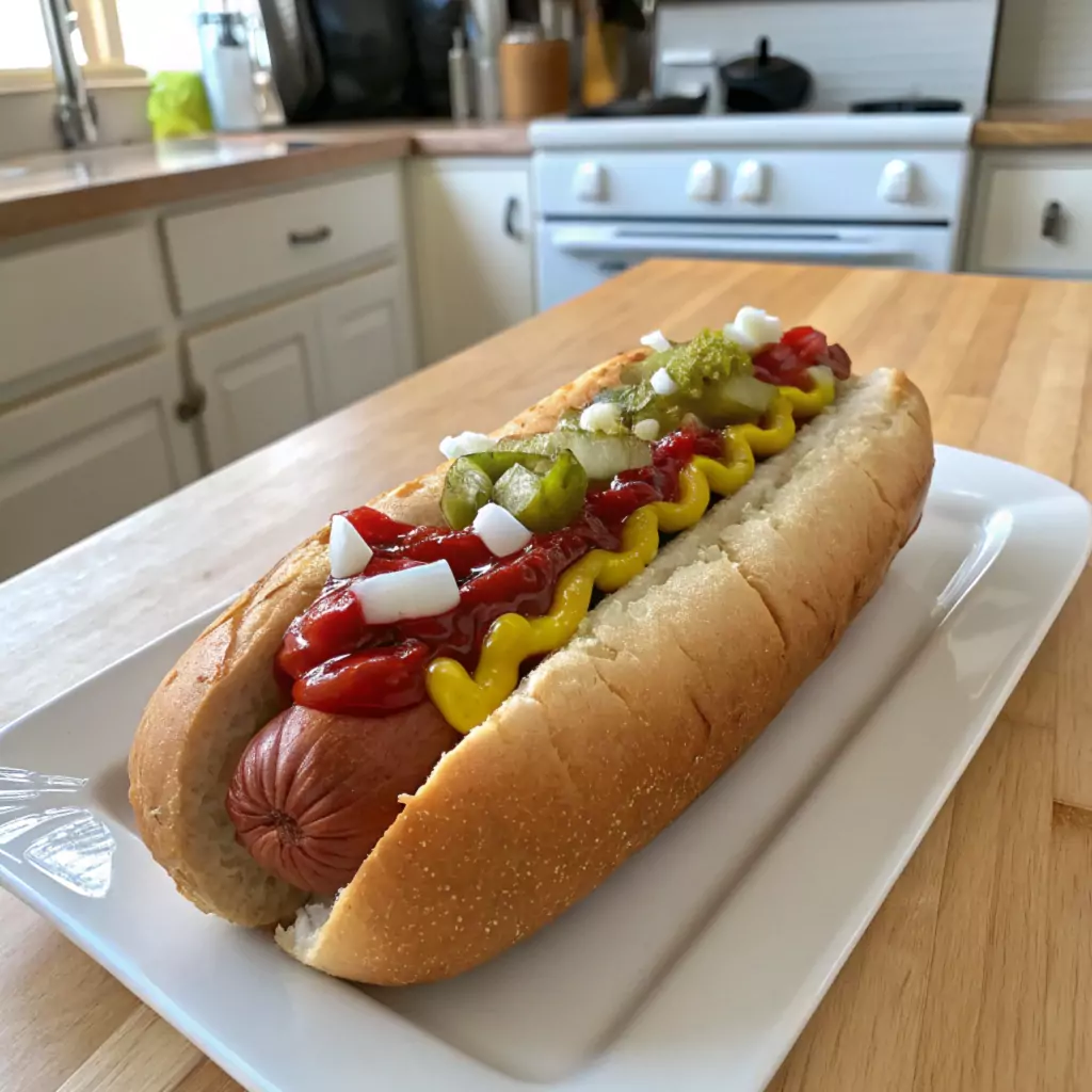 Costco hot dog served with classic condiments in a simple kitchen.