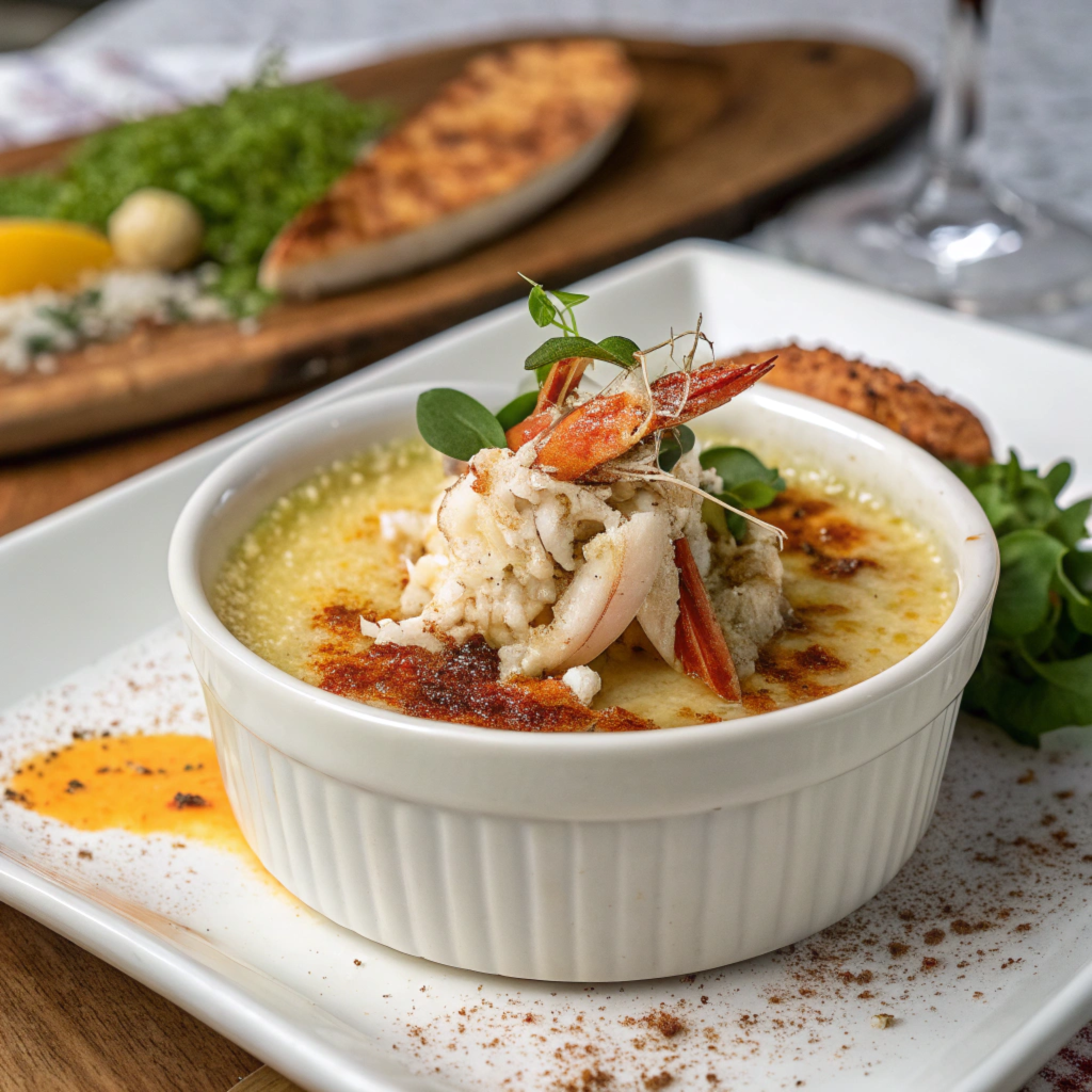 Crab Brûlée with a creamy crab base and caramelized sugar crust, garnished with paprika.