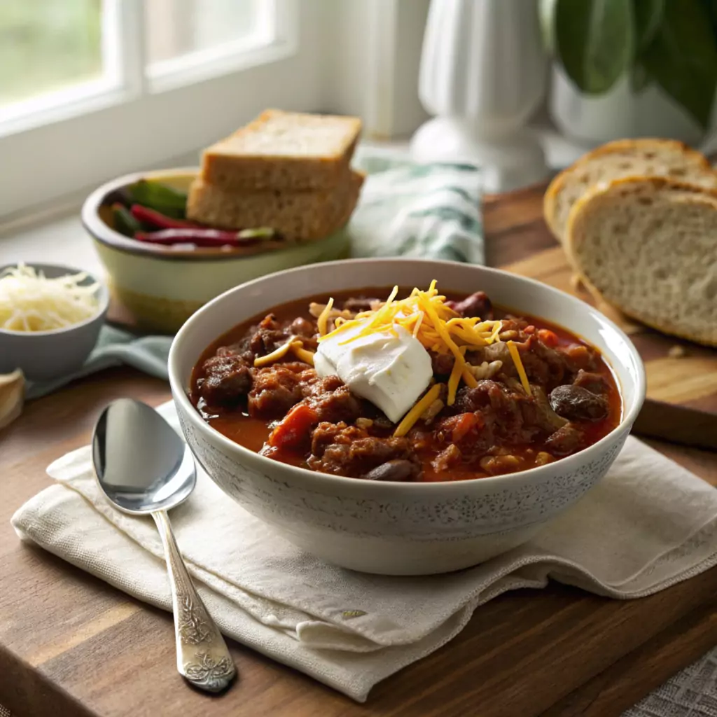 Crock Pot Turkey Chili served in a bowl, garnished with fresh herbs and chili toppings.