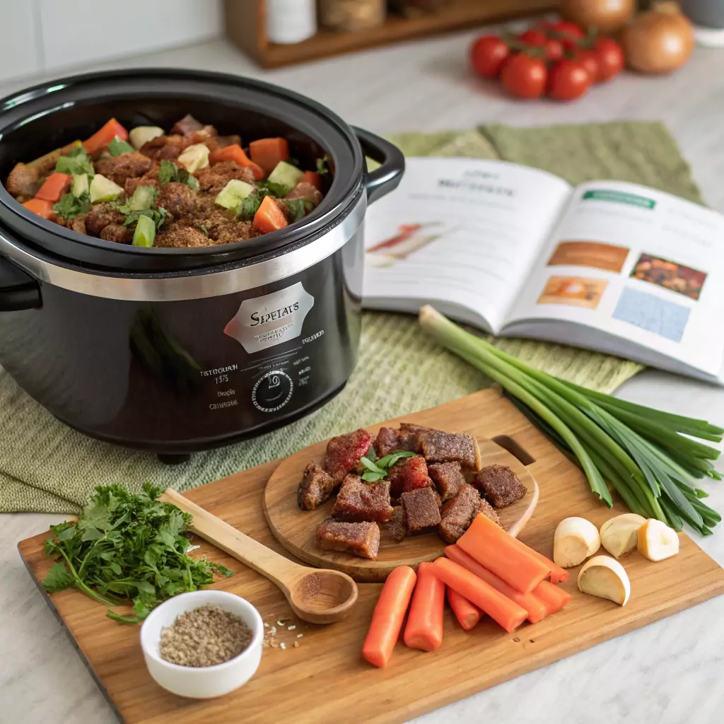 Garlic herb chicken with vegetables, cooked in a Crock Pot, served in a cozy kitchen.