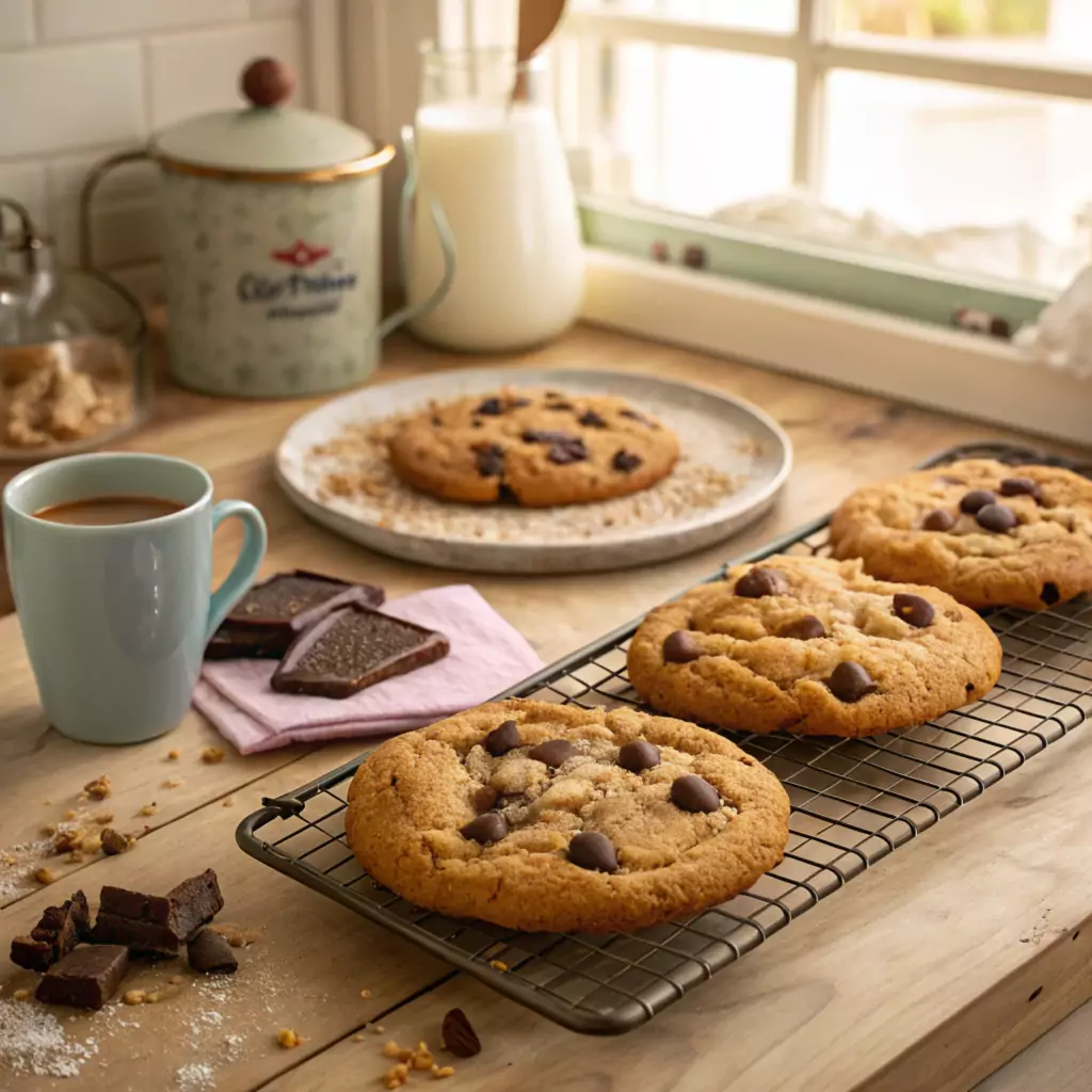 Disney chocolate chip cookies fresh out of the oven in a cozy kitchen.