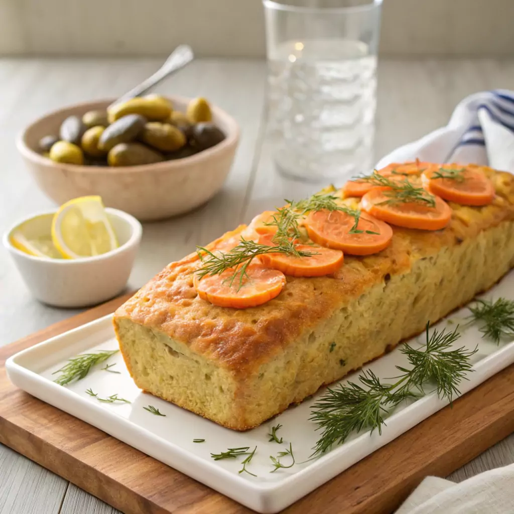 Gefilte fish loaf with carrot slices and dill on a white platter, with a wooden table and pickles in the background.