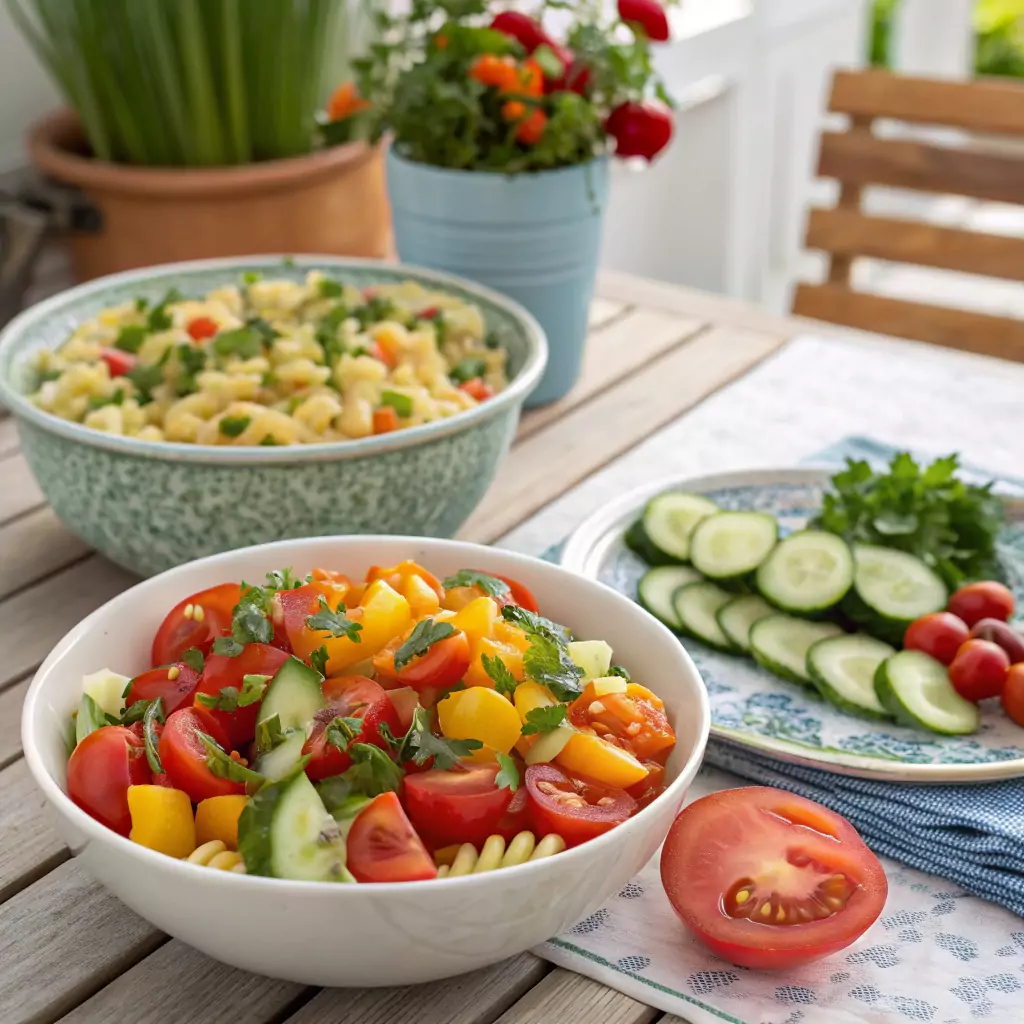 A colorful pasta salad with chopped vegetables and tangy vinaigrette alongside a fresh cucumber and tomato salad garnished with herbs, served on a summer table.