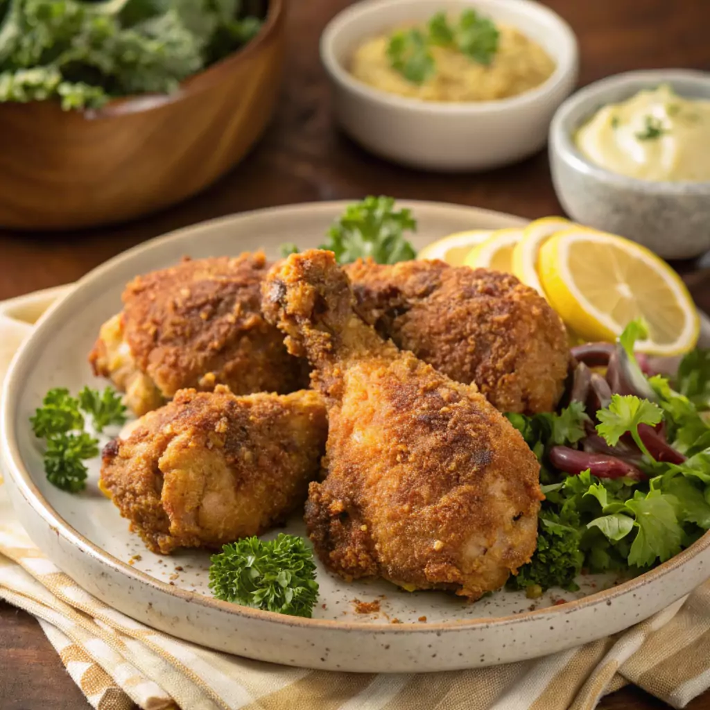 Crispy golden fried chicken cooked in olive oil, garnished with fresh parsley, served with a green side salad