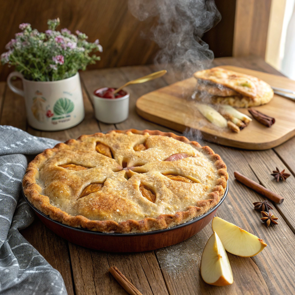 Genshin Impact-inspired apple pie with a golden crust, sliced to reveal spiced apples and served with vanilla ice cream