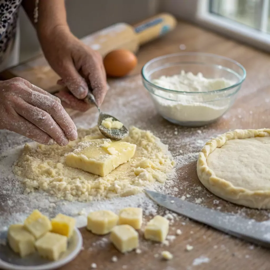 Close-up of making pie crust, with flour, salt, and cubed butter being mixed into coarse crumbs. Dough discs are formed, ready to be wrapped and refrigerated.