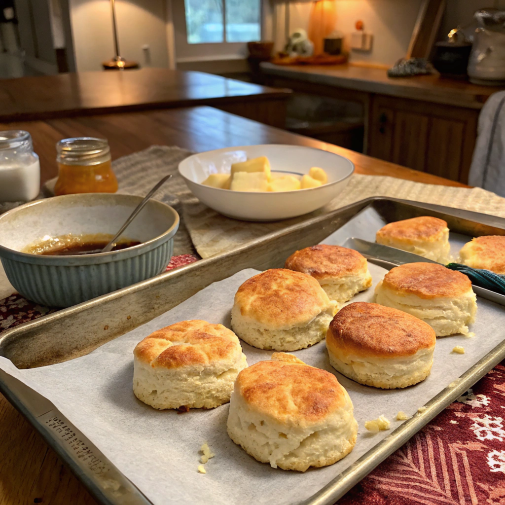 Gluten-free biscuits freshly baked on a rustic wooden table with a golden, flaky crust, served with butter and jam