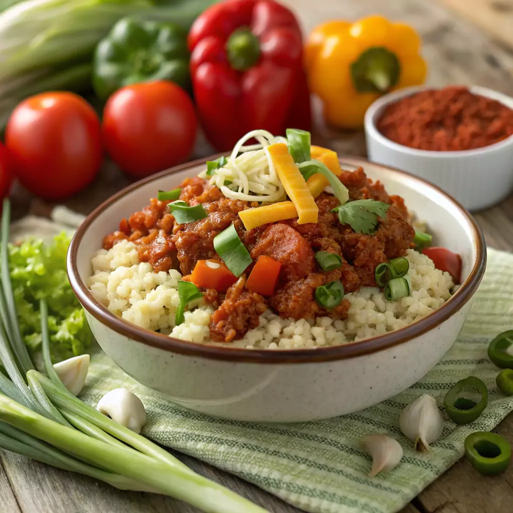 A Healthy Sloppy Joe Bowl with cauliflower rice, turkey, tomato-based sauce, and fresh vegetables like bell peppers and green onions.