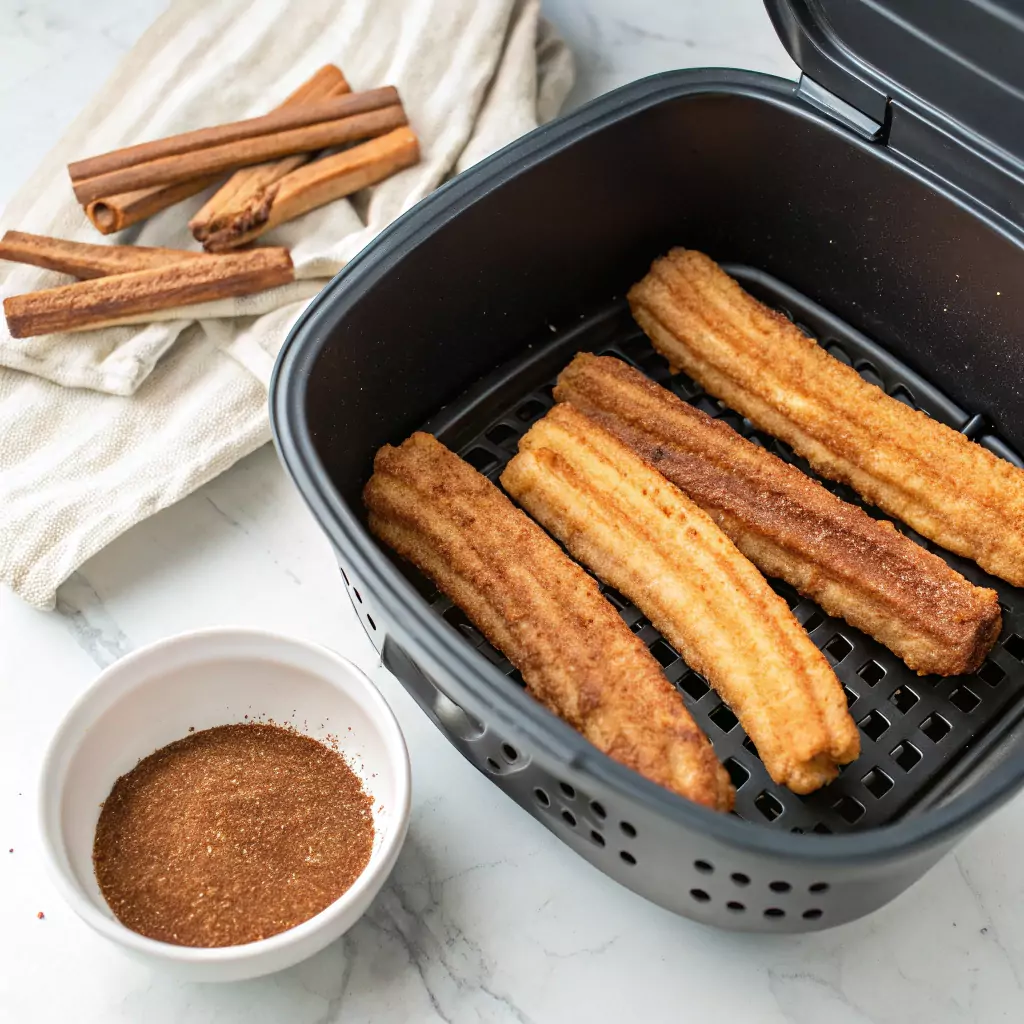 Homemade churros air fryer with a crispy golden exterior served with chocolate sauce.