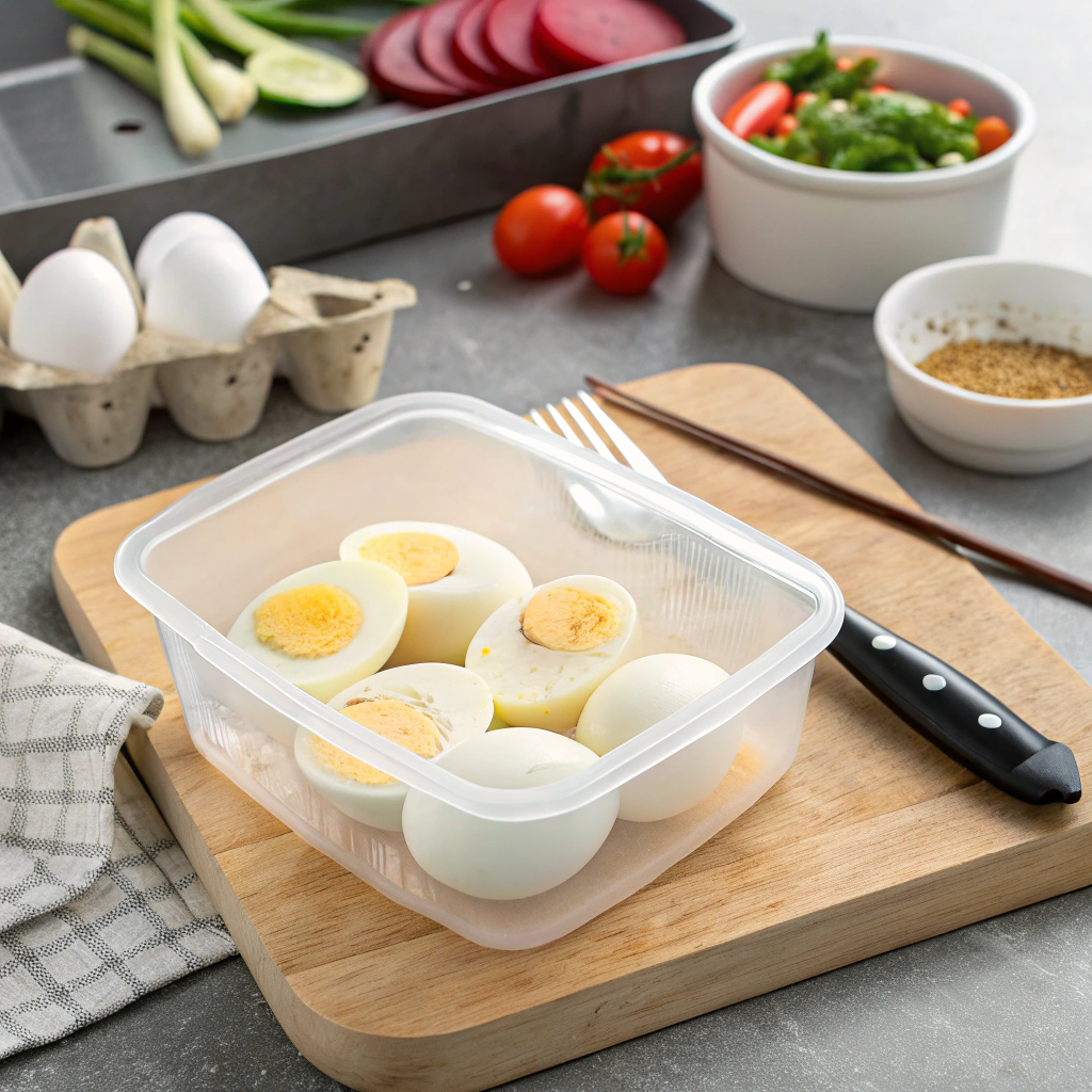 Microwave-safe container with hard-boiled eggs, fork nearby for safety.