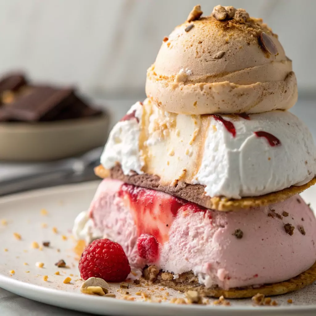 Close-up of the ice cream layer inside a Baked Alaska dessert, featuring smooth scoops of vanilla, chocolate, and strawberry ice cream, with a glossy, melting texture.