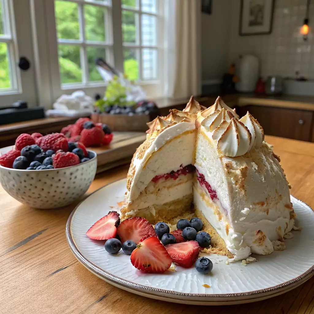 A slice of Baked Alaska with golden toasted meringue peaks, revealing layers of colorful ice cream and sponge cake. Fresh berries are placed around the base.