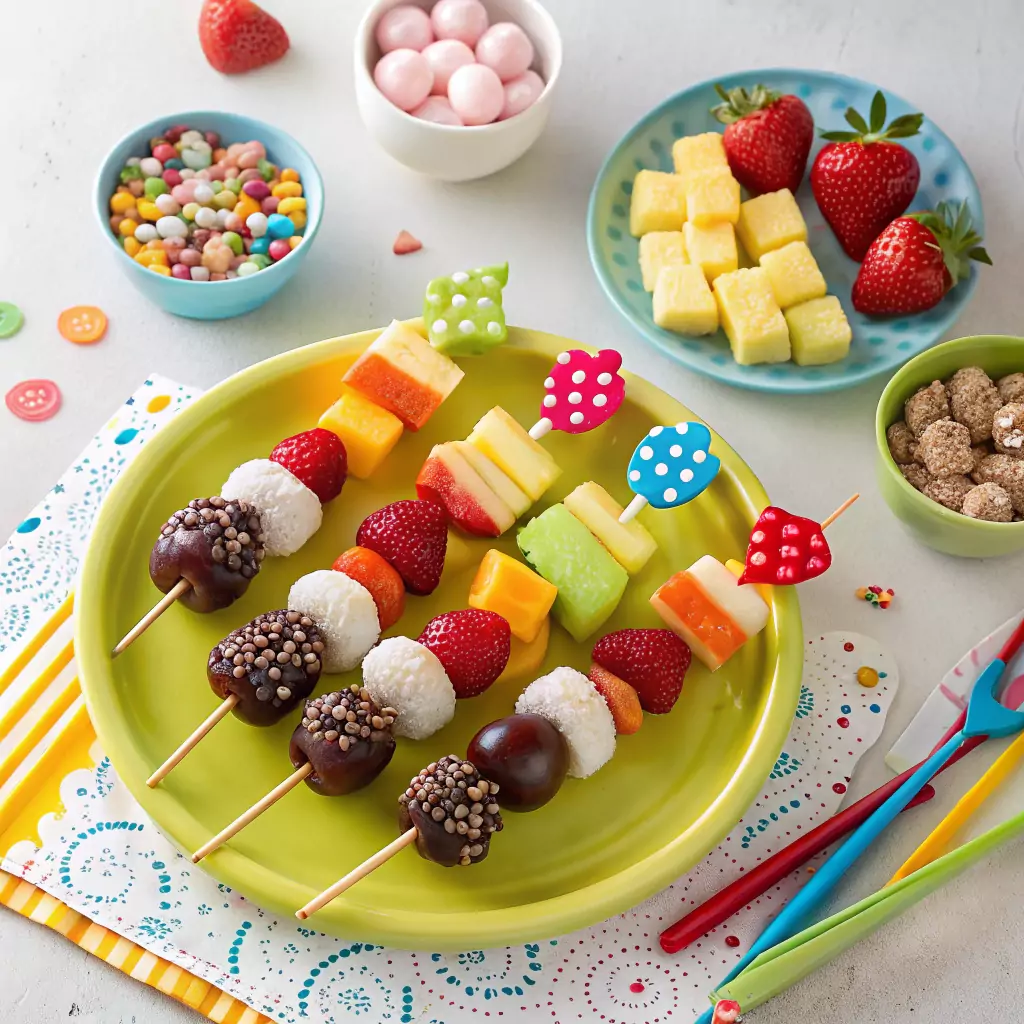 Colorful kids snack plate with candy kabobs, chocolate-dipped fruit pops, and gummy bear parfaits, arranged on a playful, bright plate.