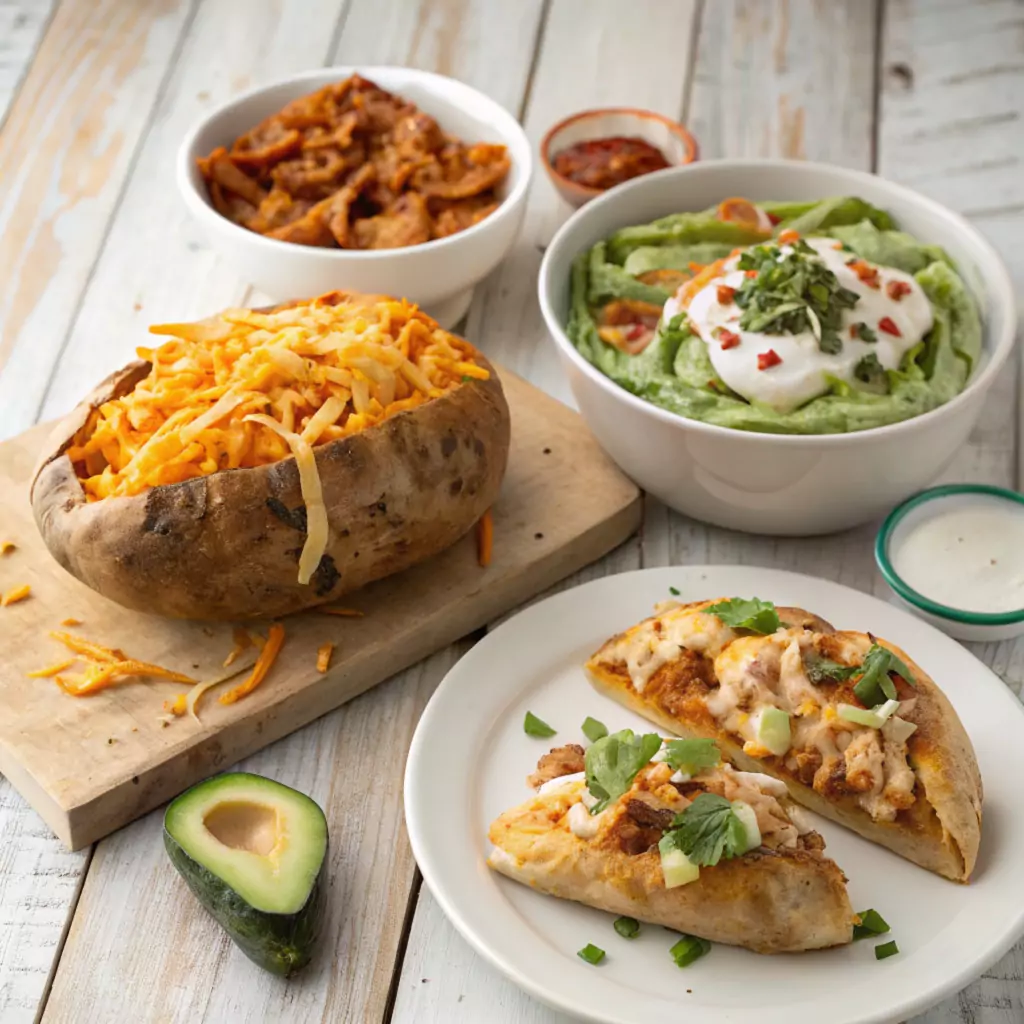 Delicious rotisserie chicken dishes: buffalo chicken stuffed sweet potatoes, chicken Alfredo pizza, chicken tortilla soup, chicken Caesar wraps, and chicken fried rice