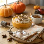 Glass dessert bowl filled with creamy pumpkin pudding, topped with whipped cream, crushed nuts, cinnamon stick, and nutmeg, perfect for fall desserts.