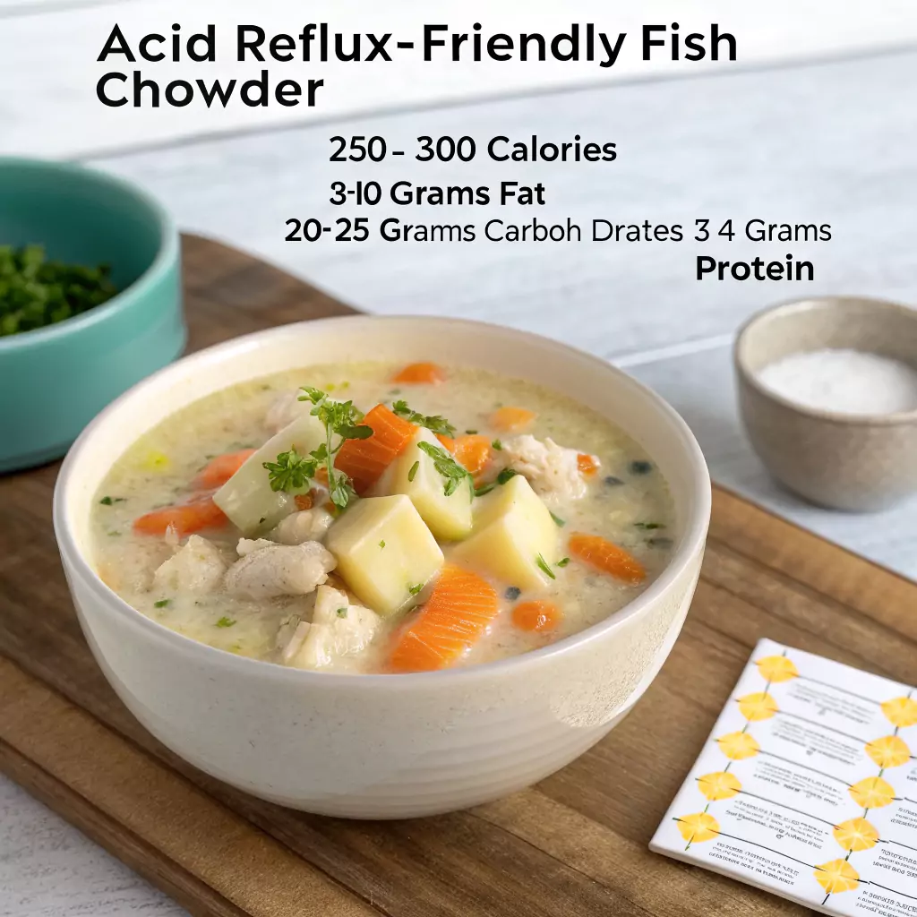 A bowl of acid reflux-friendly fish chowder, featuring lean white fish, Yukon Gold potatoes, carrots, and celery in a light, creamy broth, garnished with fresh parsley and served on a rustic wooden table.