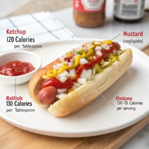 Close-up of a Costco hot dog with ketchup, mustard, relish, and onions, showing the additional calories for each topping.