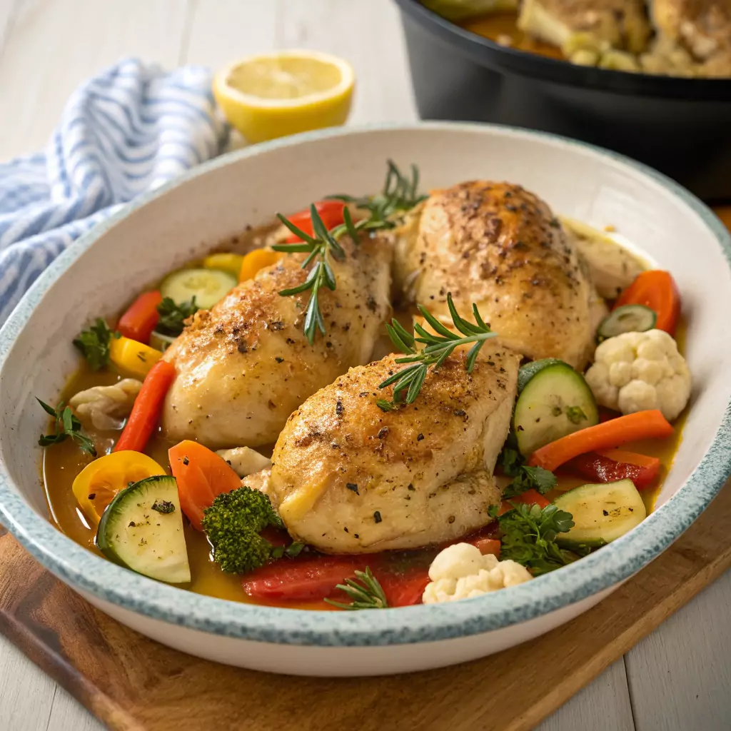 Savory garlic herb chicken with vegetables, cooked in a Crock Pot, served in a cozy kitchen.