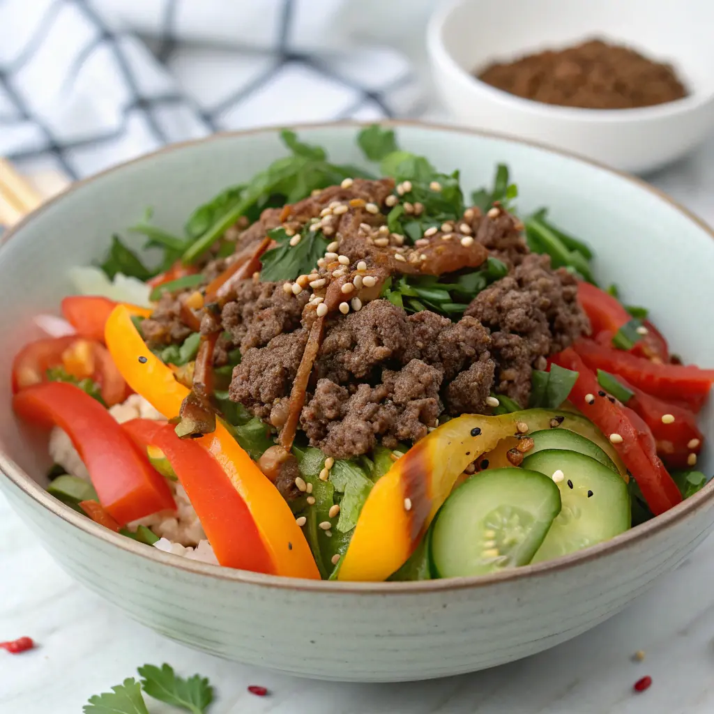 Paleo Ground Beef Bowls with vibrant veggies, garnished with fresh cilantro.