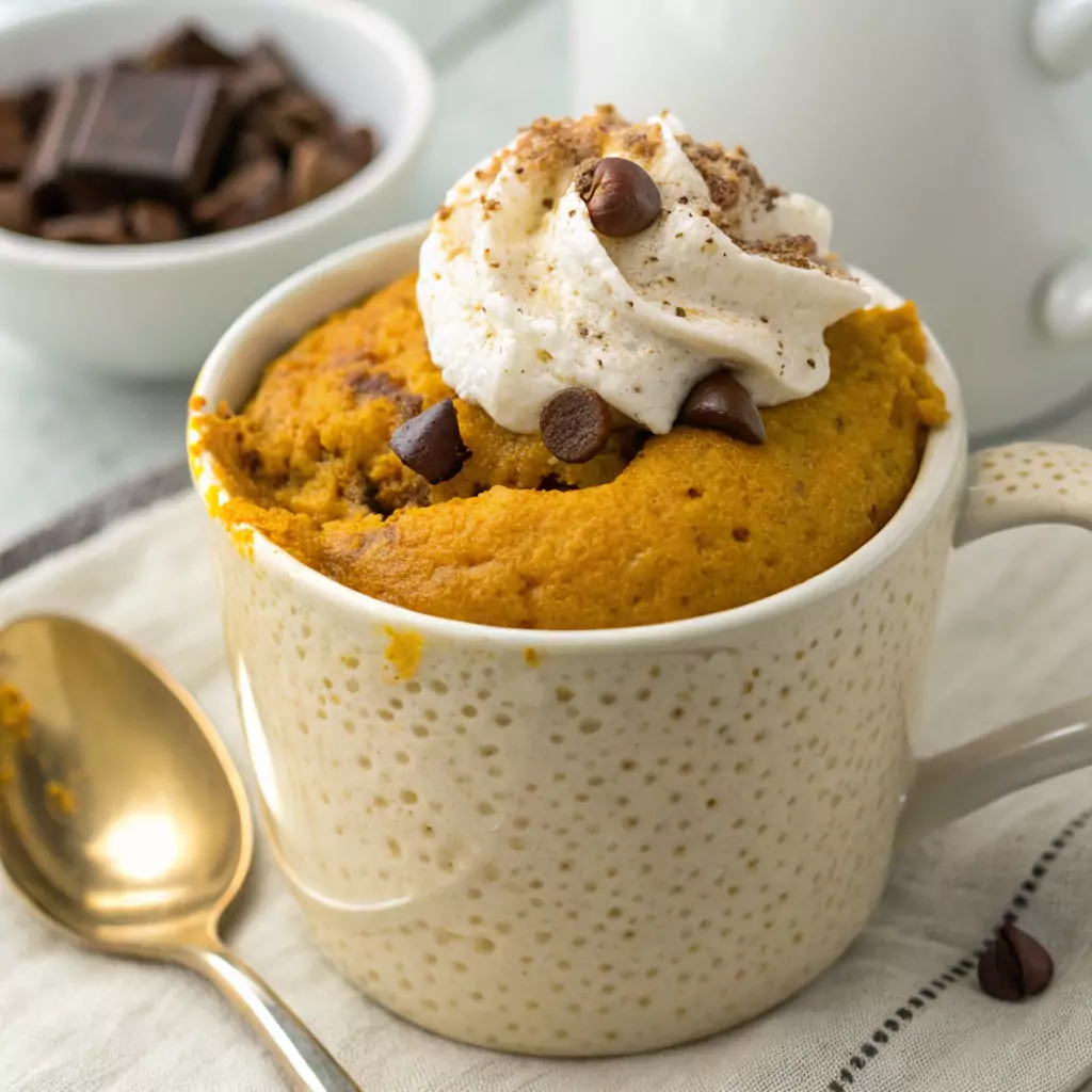 Delicious pumpkin mug cake served in a microwave-safe mug, topped with whipped cream, cinnamon, and chocolate chips, a perfect fall treat.