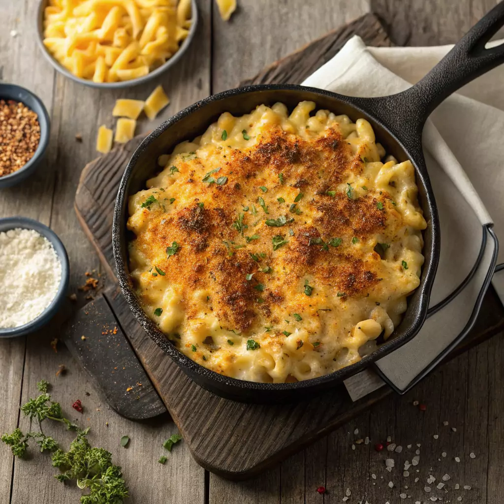 Overhead shot of smoked mac and cheese in a cast iron skillet, with a golden crispy top, melted cheese, and a sprinkle of smoked paprika and fresh parsley