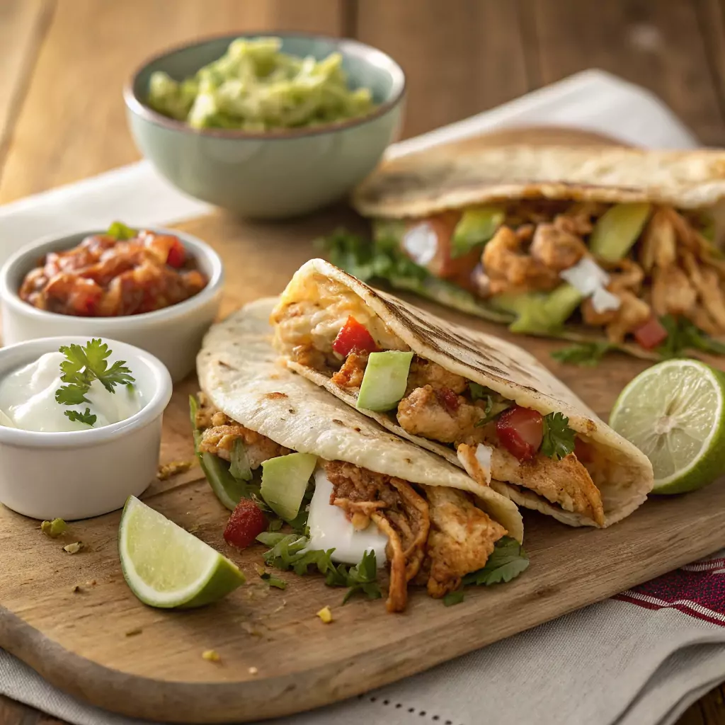 Close-up of chicken tacos filled with shredded chicken, salsa, avocado, and lettuce, alongside golden-brown chicken quesadillas with melted cheese, served with sour cream and guacamole on a rustic wooden plate.