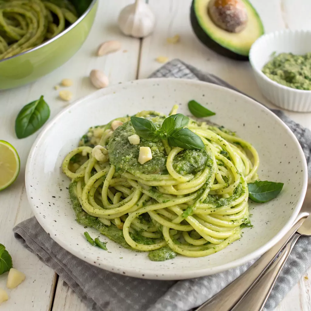 Plate of zucchini noodles with avocado pesto, garnished with fresh basil.