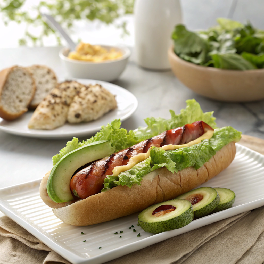 Customized Costco hot dog wrapped in lettuce with avocado, low-sodium mustard, and a side of grilled chicken and salad for a balanced meal.