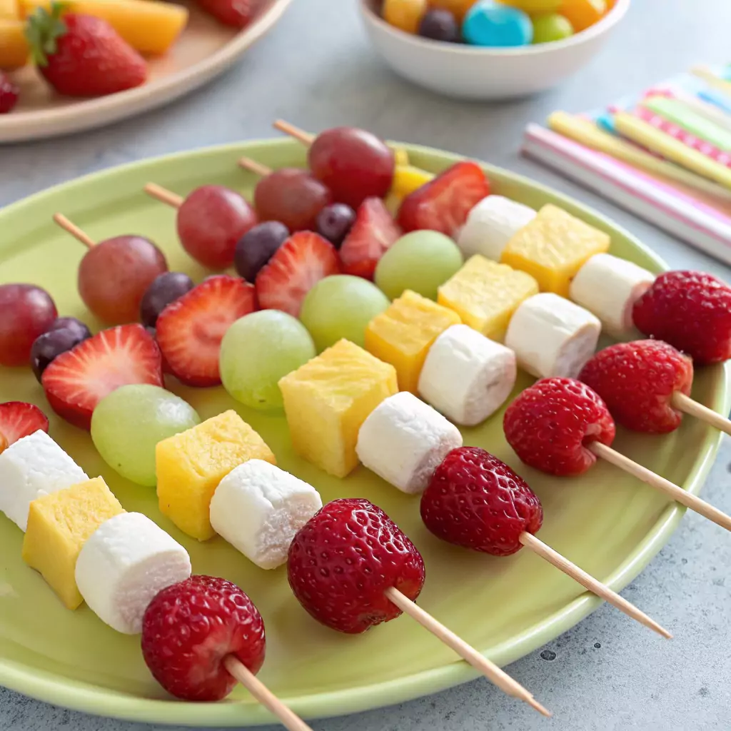 Colorful candy kabobs with fresh strawberries, grapes, pineapple, marshmallows, gummy bears, and lollipops, arranged on a playful plate for kids' snack time.