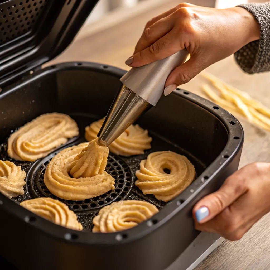 Churros dough being piped into an air fryer basket.