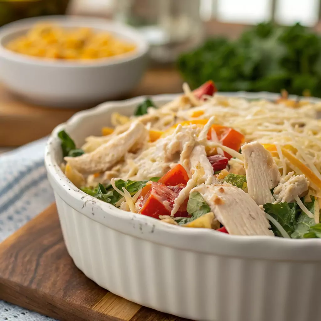 Close-up of a freshly prepared leftover rotisserie chicken dish, showcasing vibrant vegetables and tender chicken in a creamy casserole or fresh salad.