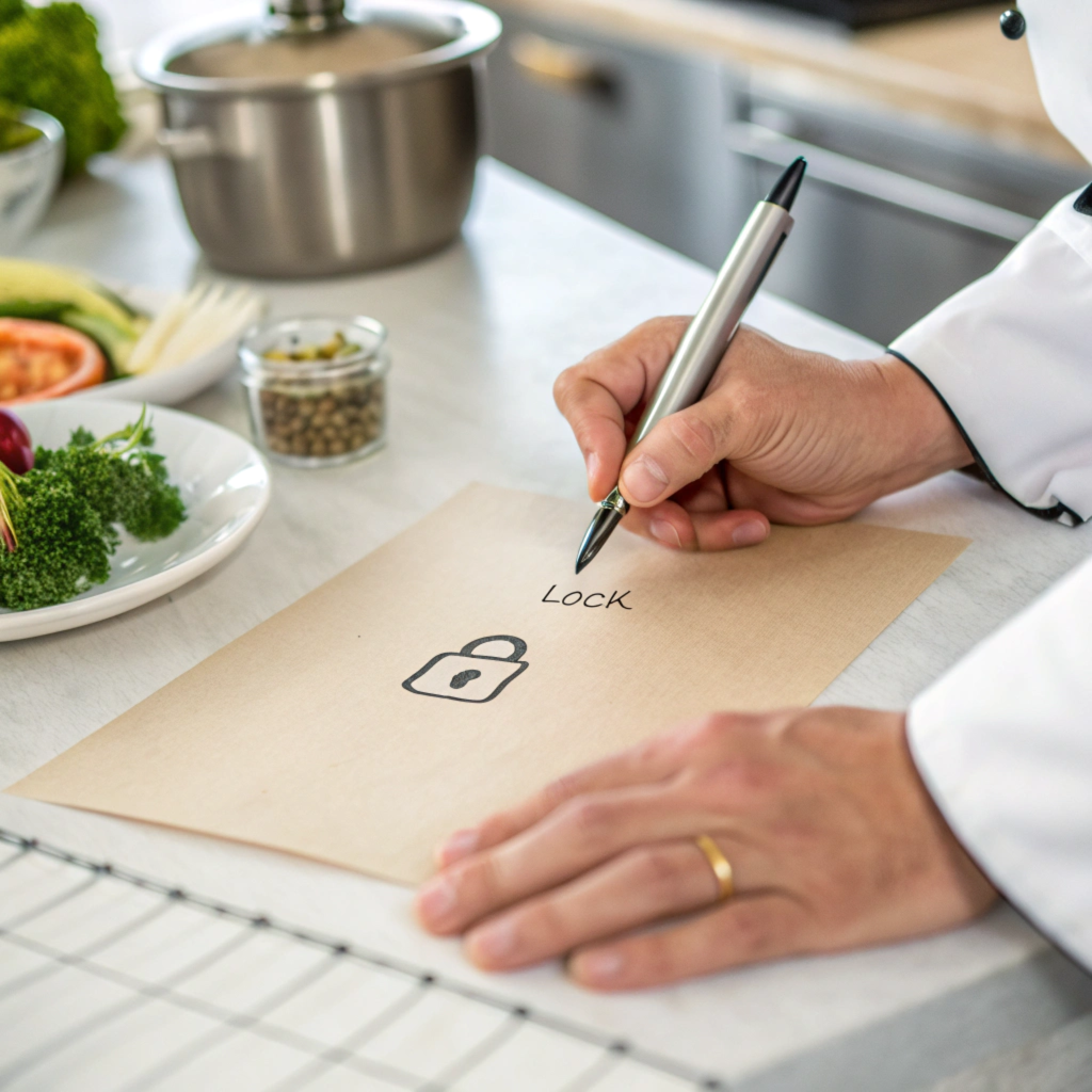 Chef writing a secret recipe with a lock symbol on parchment paper.