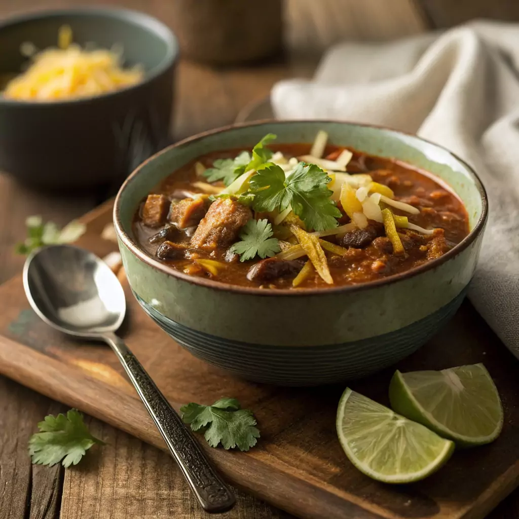 A bowl of comforting chicken chili without beans, topped with cilantro, shredded cheese, and a lime wedge, placed on a rustic wooden table with a spoon nearby. The warm lighting creates a cozy atmosphere.