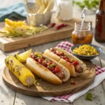 Perfect cookout menu featuring grilled hot dogs in toasted buns, smoky corn on the cob with butter and spices, perfect for an American summer BBQ.