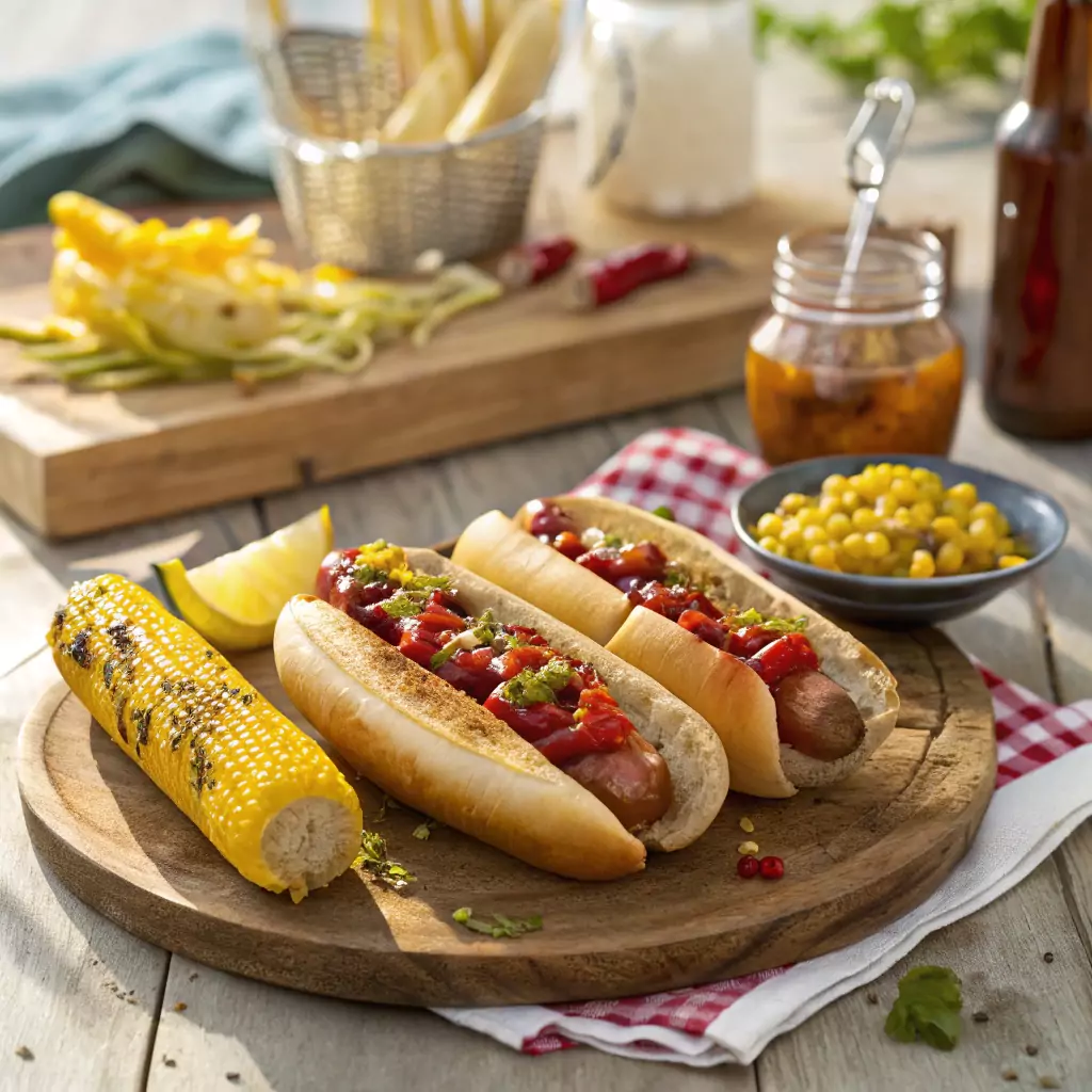 Perfect cookout menu featuring grilled hot dogs in toasted buns, smoky corn on the cob with butter and spices, perfect for an American summer BBQ.