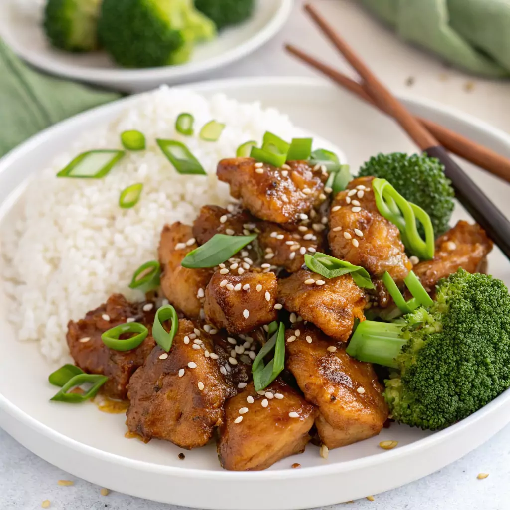 Air fryer teriyaki chicken served with rice and broccoli