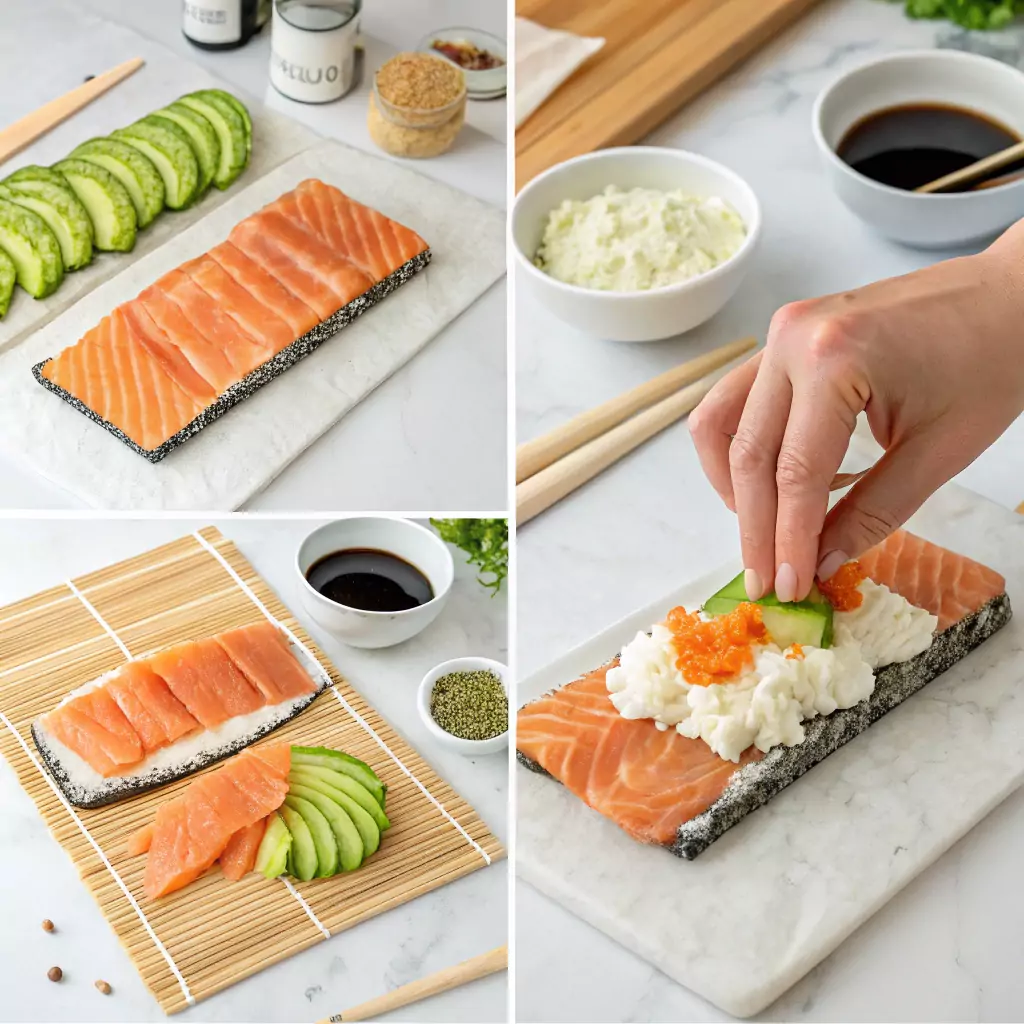 Assembling Baked salmon sushi recipe