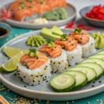 Baked salmon sushi with garnishes